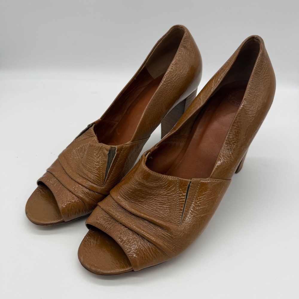 Dries Van Noten Vintage Cognac Brown Leather Peep Toe Block Heel Pumps 38